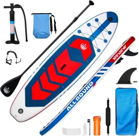 10'6" Inflatable Stand Up Paddle Board for Adults & Youth - 33" Wide Non-Slip Deck with Paddle, Pump, Backpack, Safety Leash, Repair Kit - All-Around Board for Lakes, Rivers, Ocean(Blue Red)