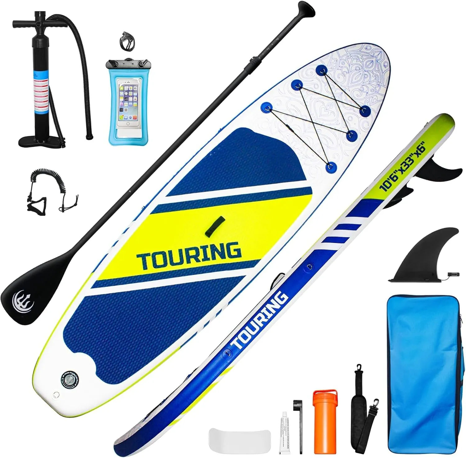 10'6" Inflatable Stand Up Paddle Board for Adults & Youth - 33" Wide Non-Slip Deck with Paddle, Pump, Backpack, Safety Leash, Repair Kit - All-Around Board for Lakes, Rivers, Ocean(Blue Yellow)