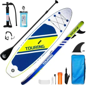 10'6" Inflatable Stand Up Paddle Board for Adults & Youth - 33" Wide Non-Slip Deck with Paddle, Pump, Backpack, Safety Leash, Repair Kit - All-Around Board for Lakes, Rivers, Ocean(Blue Yellow)
