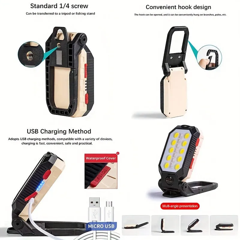 1pc LED COB Work Light With Magnet - Portable USB Rechargeable Waterproof Camping Lantern for Reading, Fishing, Hiking, Car Repair & Emergency Use!