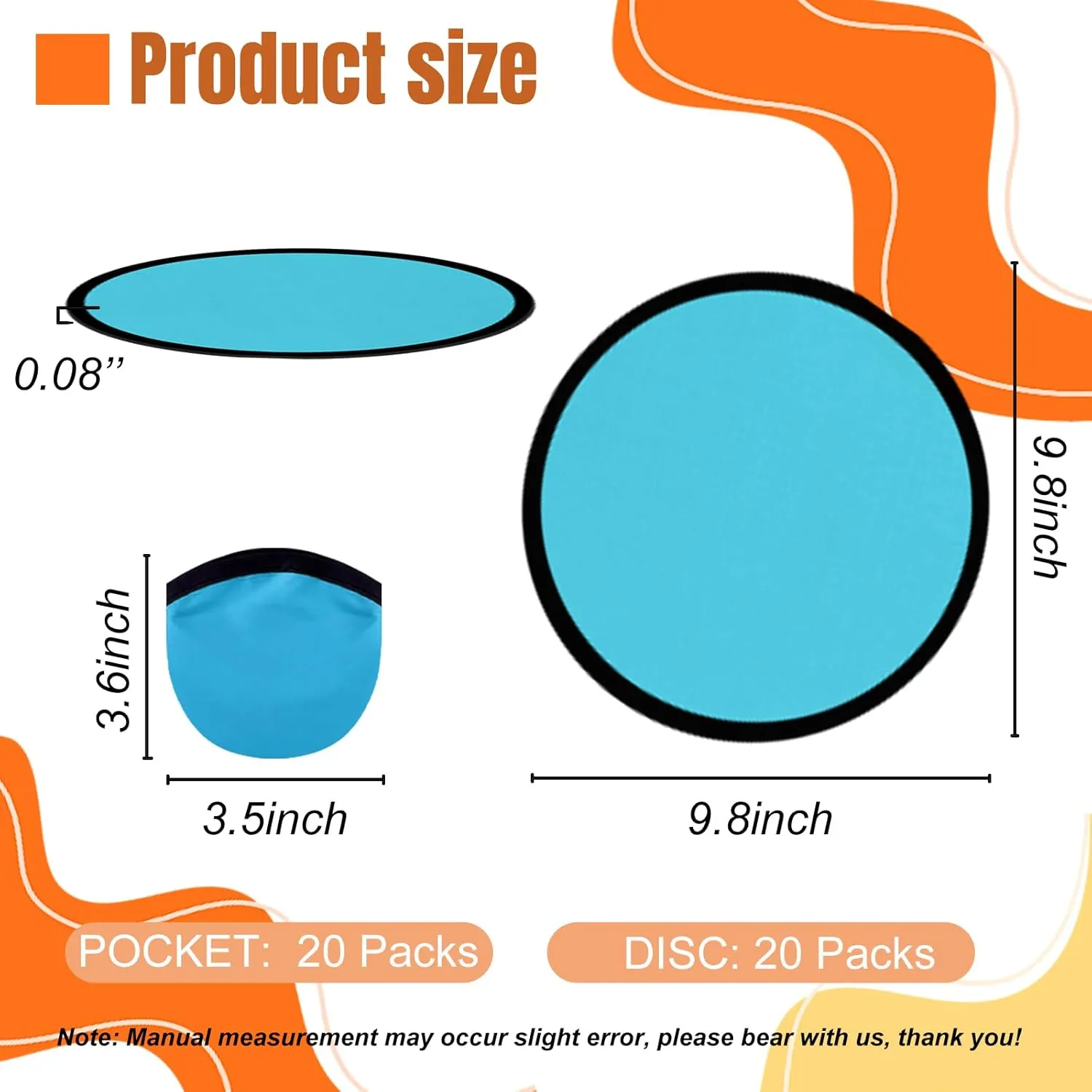 20PCS Foldable Flying Disc Fans with Bags, 9.8'' DIY Handheld Black Egde Fabric Foldable Disc Fan for Outdoor Game Activities Birthday Party Favors Gifts, Light Blue
