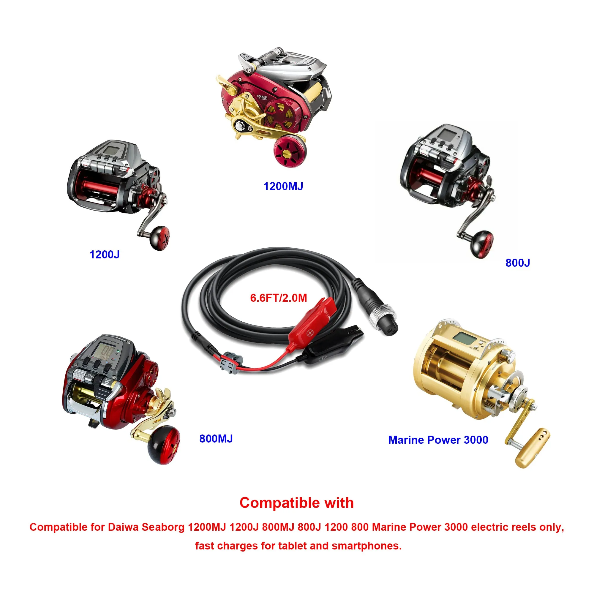 6.6FT-18FT Fishing Reel Battery Power Cable for Daiwa Seaborg 1200MJ 1200J 800MJ SB800MJ Marine Super Mega Electric Reel Battery Cord 2M-5.5M