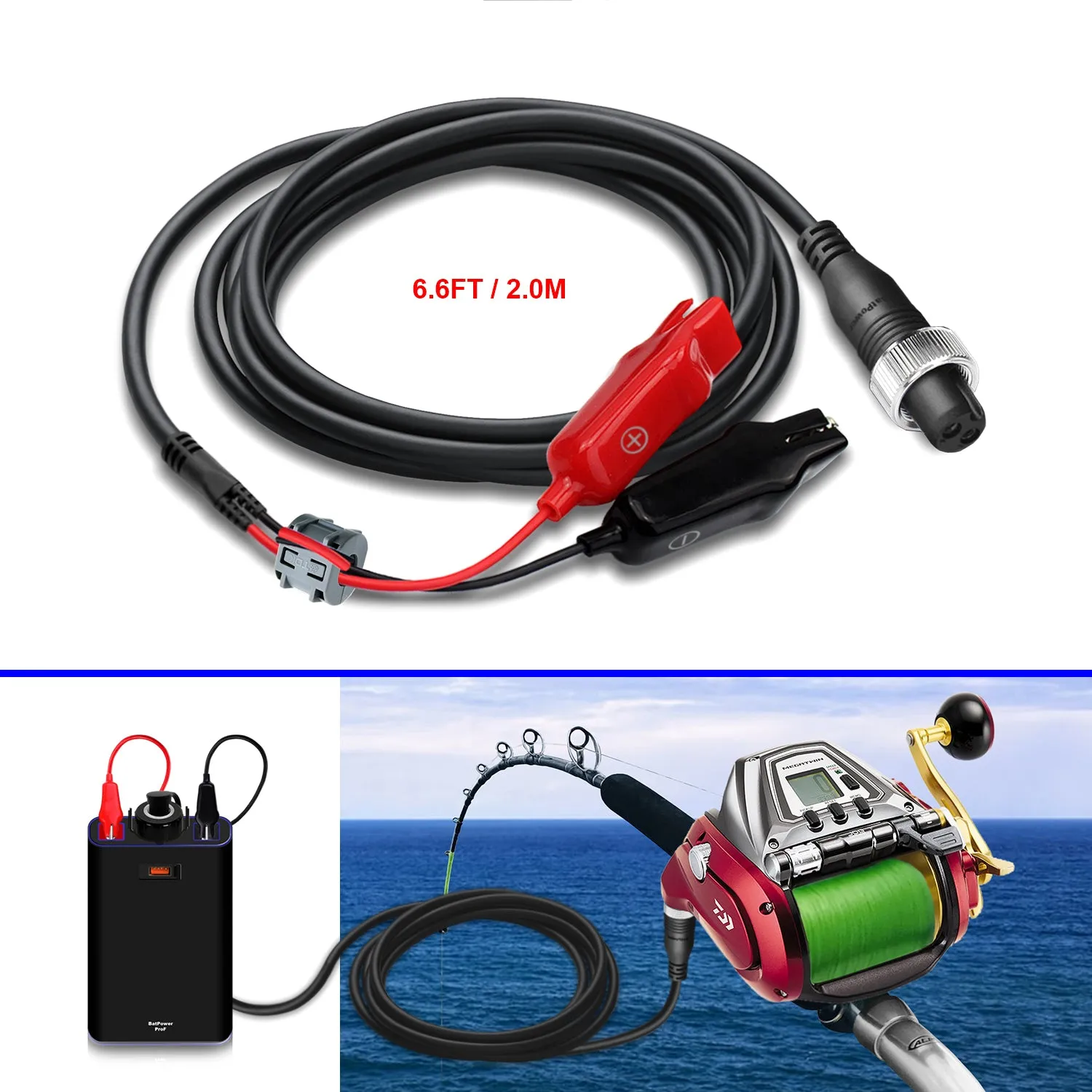 6.6FT-18FT Fishing Reel Battery Power Cable for Daiwa Seaborg 1200MJ 1200J 800MJ SB800MJ Marine Super Mega Electric Reel Battery Cord 2M-5.5M