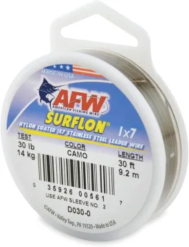 American Fishing Wire Surflon Nylon Coated 1x7 Stainless Steel Leader Wire - Fishing Leader Line for Saltwater, 10lb Test - 250lb Test in Bright, Black, Camo in 30ft, 100ft, 300ft and 1,000ft Lengths
