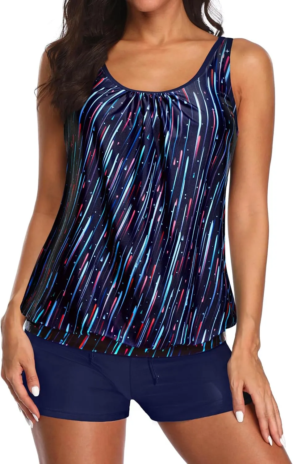 Aqua Eve Two Piece Women's Tankini Swimsuits Blouson Swim Tank Top with Shorts Modest Bathing Suits