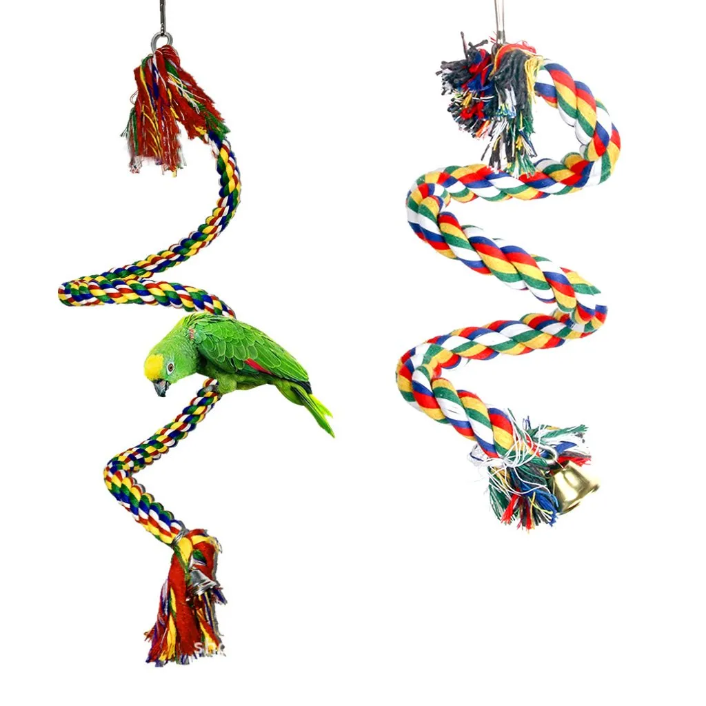 Bird Cotton Rope Swing Perch Chew Toy Parrot Cage Stand with Bell-100CM