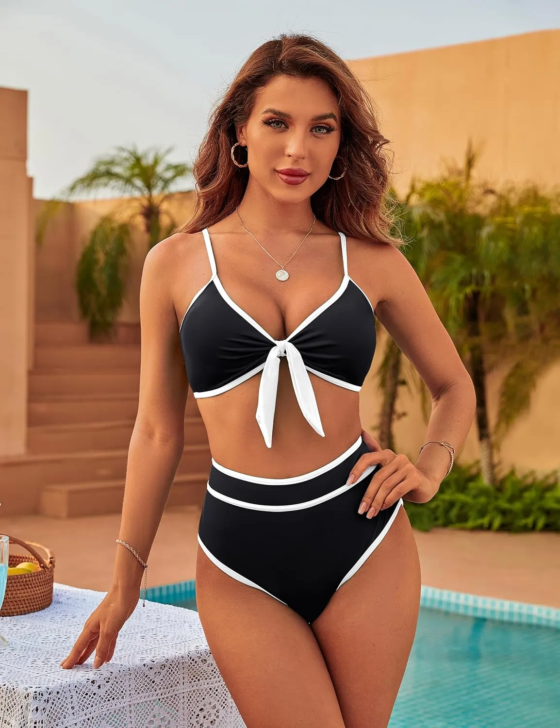 Blooming Jelly Womens High Waisted Bikini Set Tie Knot High Rise Two Piece Swimsuits Bathing Suits