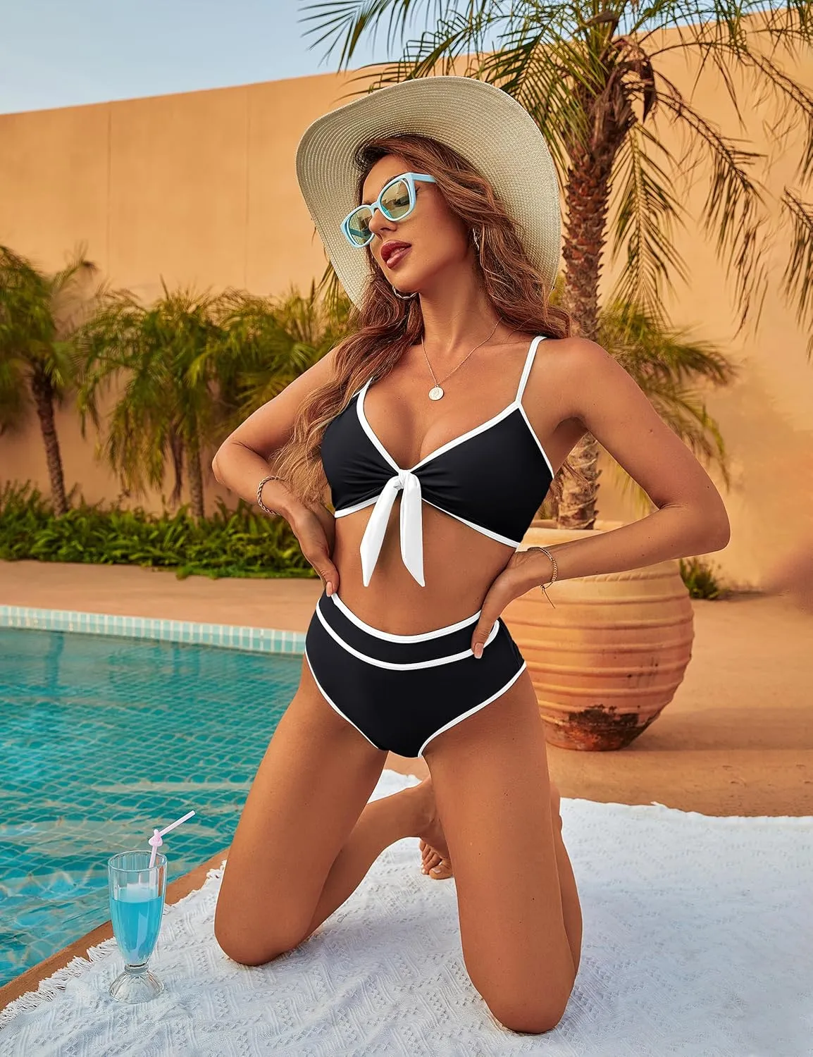 Blooming Jelly Womens High Waisted Bikini Set Tie Knot High Rise Two Piece Swimsuits Bathing Suits
