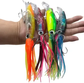 Damidel 4Pcs Large Simulation Squid Fishing Lures Bait Kit,3D Holographic EyesBuilt-in Multicolored Lead Blocks Through Heavy Duty Stable and Tempting.