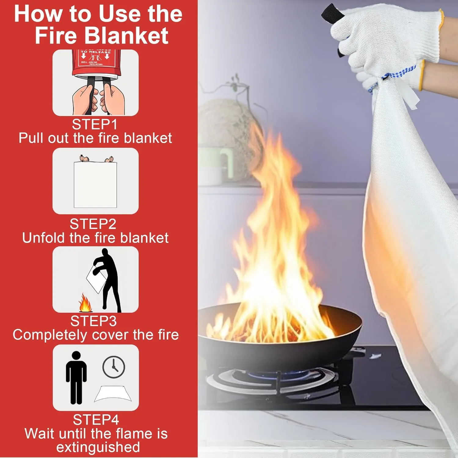 FJNATINH Emergency Fire Blanket - 1Pack 60x60'' Fiberglass Flame Retardant Fire Blanket for Kitchen, Home, Fireplace, Grill, Warehouse, Camping Use