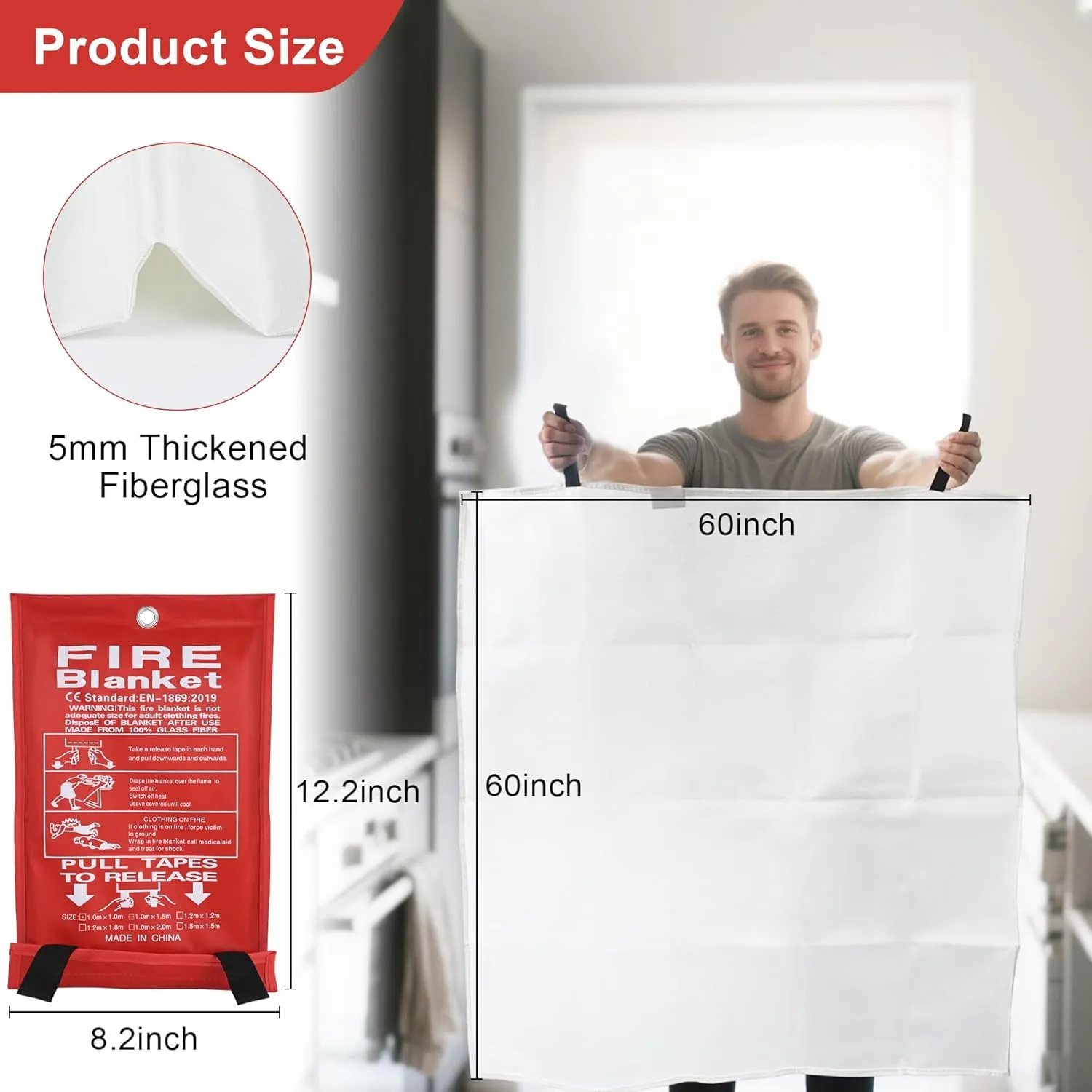 FJNATINH Emergency Fire Blanket - 1Pack 60x60'' Fiberglass Flame Retardant Fire Blanket for Kitchen, Home, Fireplace, Grill, Warehouse, Camping Use