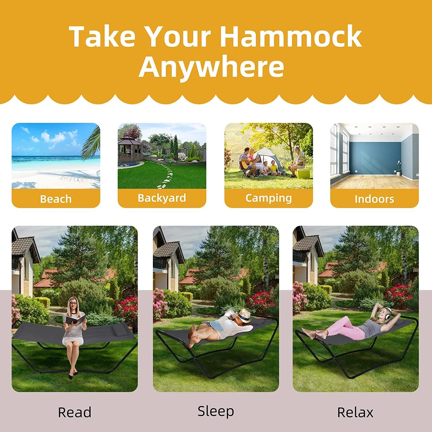 Hammock with Stand & Pillow, Outdoor Patio Portable Camping Hammock