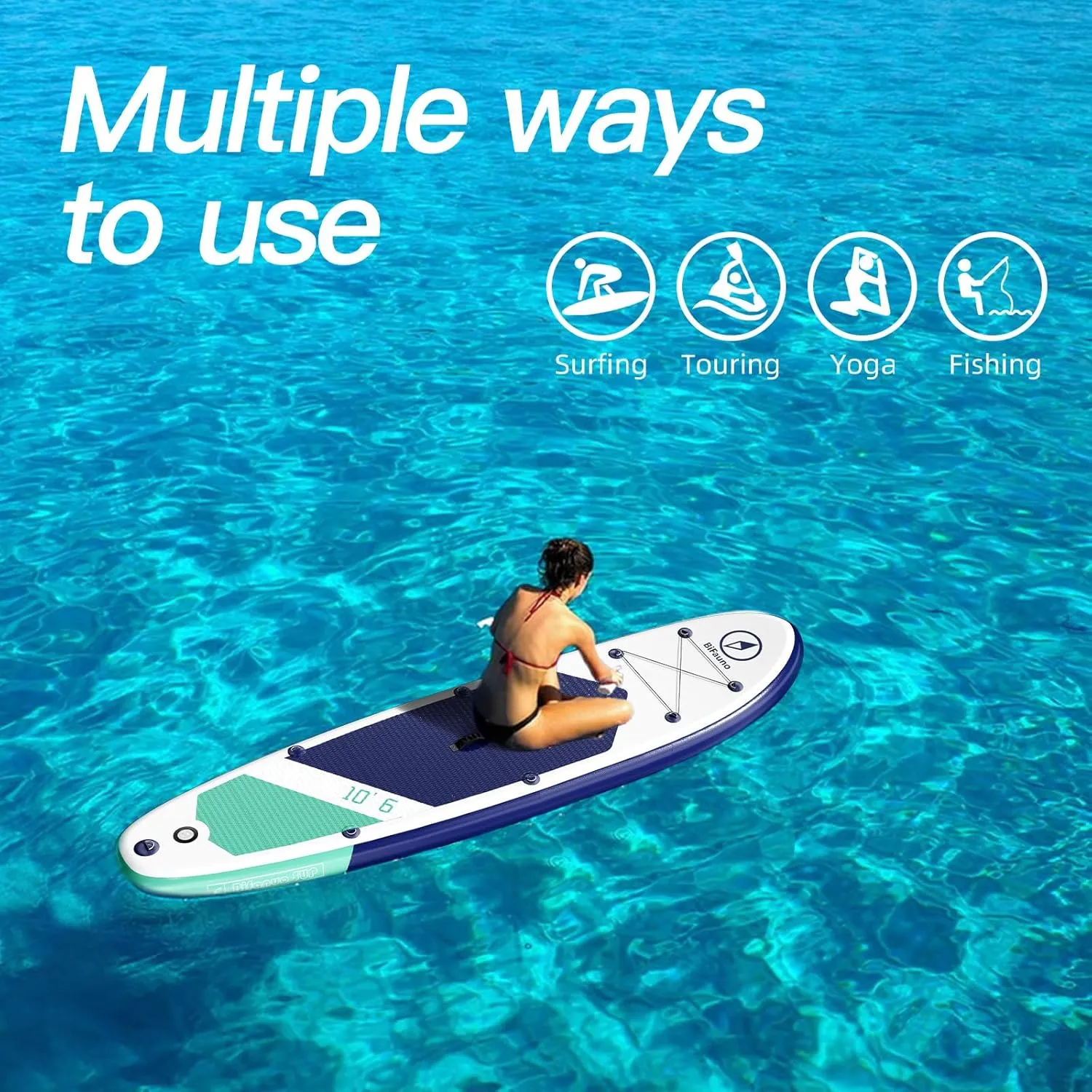 Inflatable Stand Up Paddle Board with SUP Accessories & Backpack. Paddle Boards for Adults. Non-Slip Deck, Wide Stance, Bottom Fin, Double Action Pump.