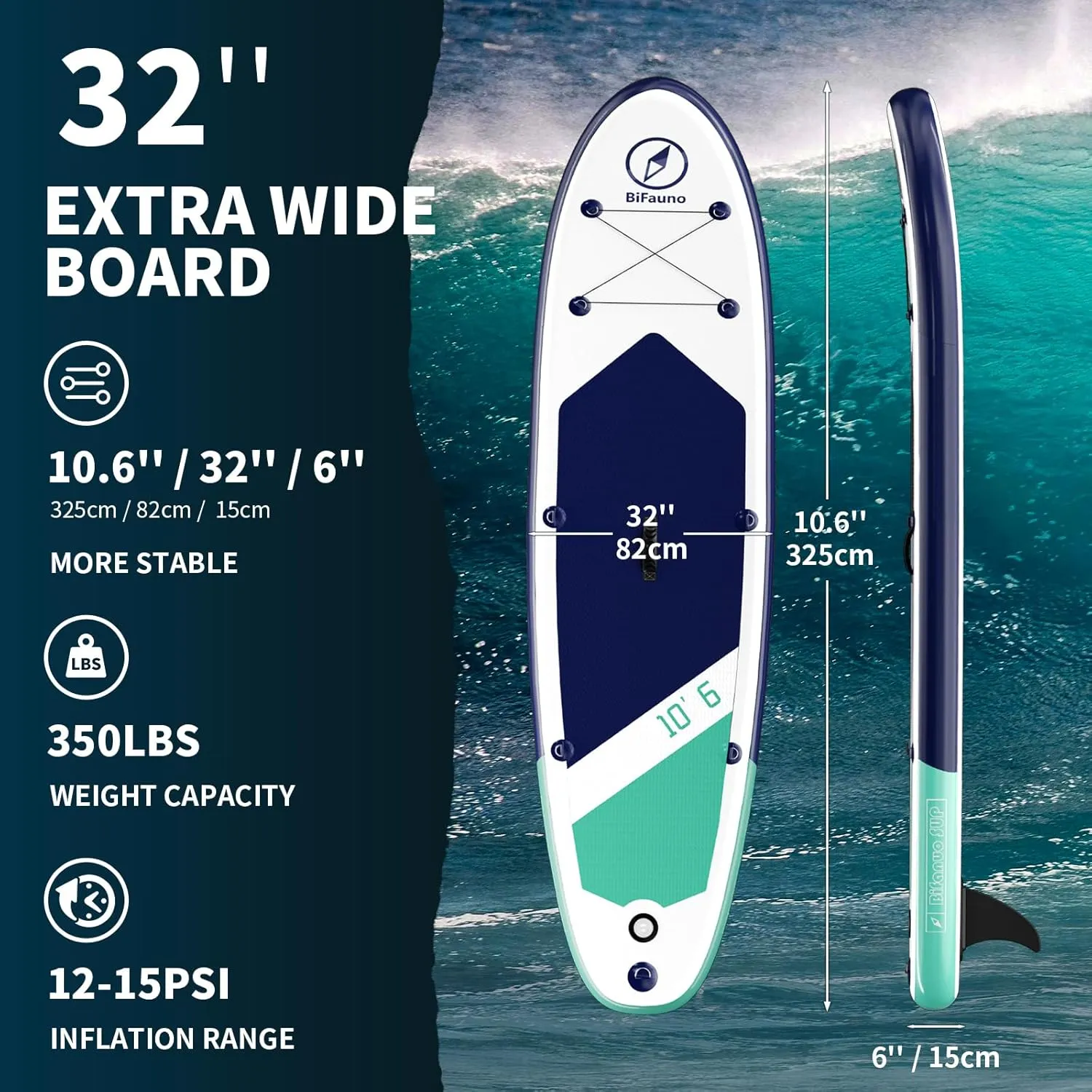 Inflatable Stand Up Paddle Board with SUP Accessories & Backpack. Paddle Boards for Adults. Non-Slip Deck, Wide Stance, Bottom Fin, Double Action Pump.