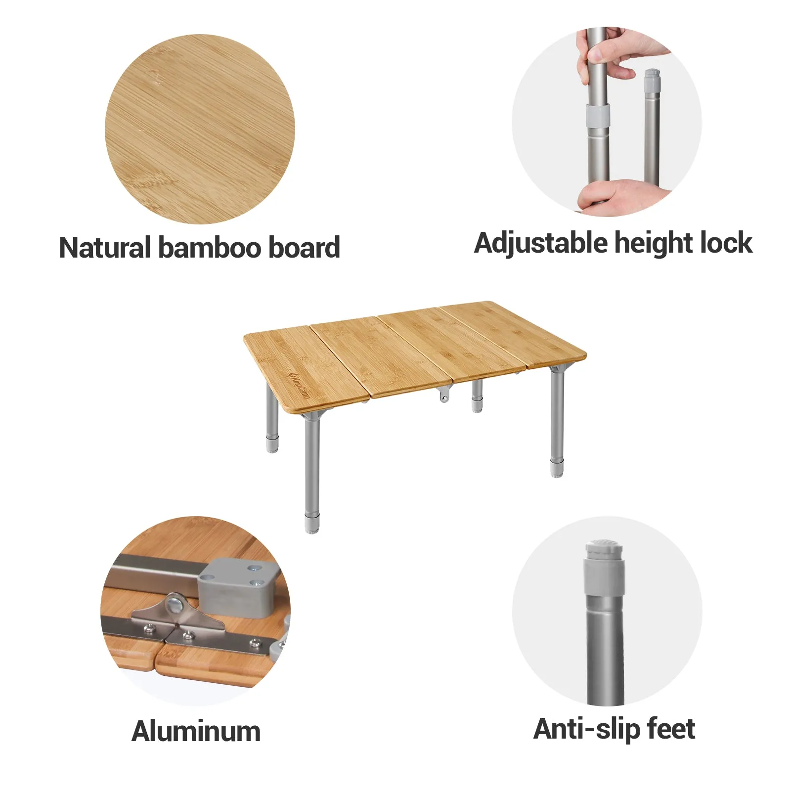 KingCamp Small Adjustable Height 4-Folds Portable Bamboo Table