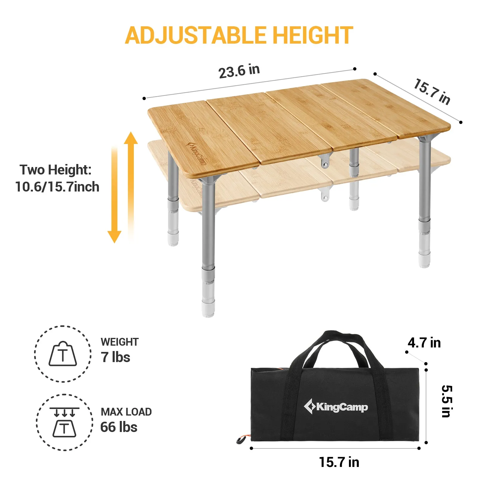 KingCamp Small Adjustable Height 4-Folds Portable Bamboo Table