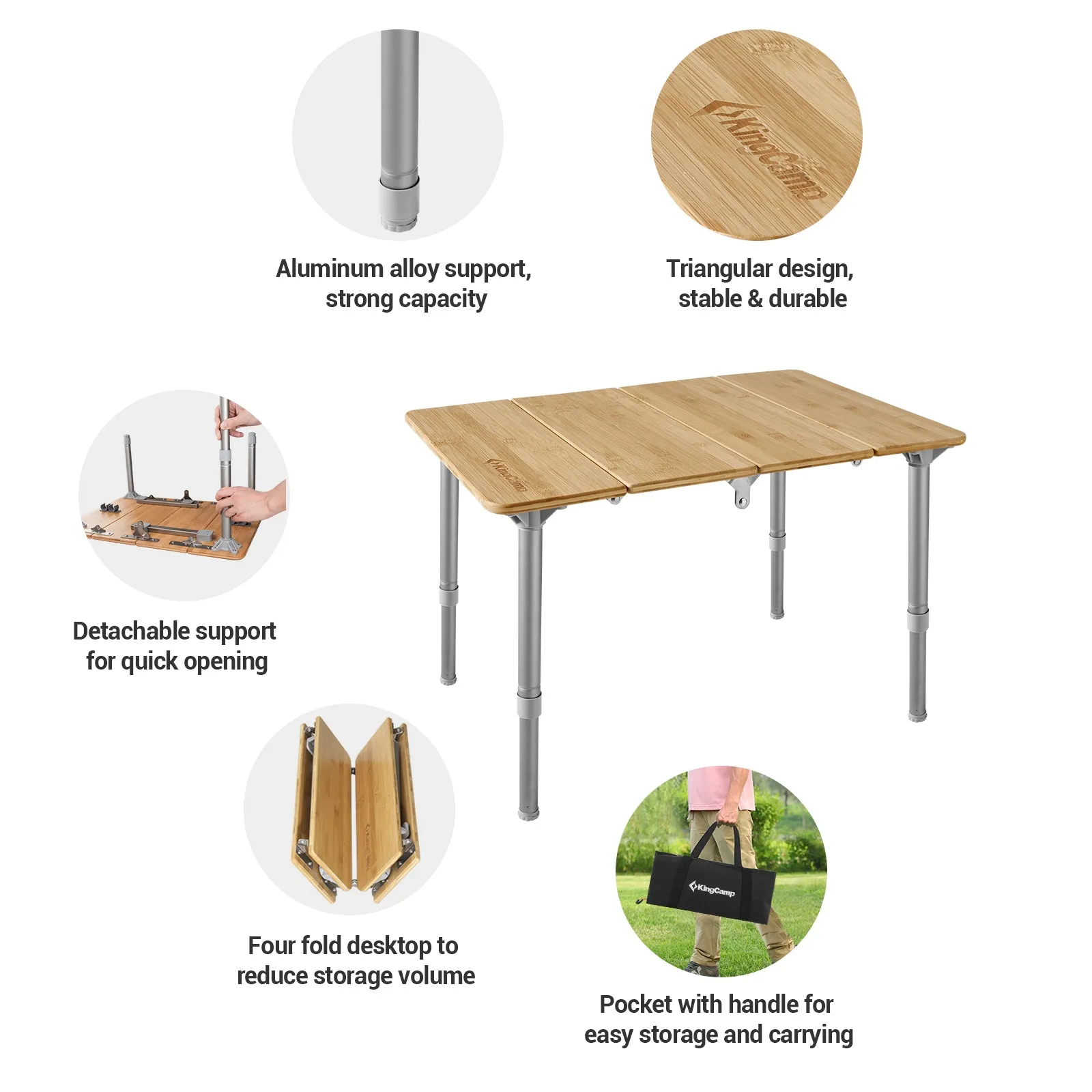 KingCamp Small Adjustable Height 4-Folds Portable Bamboo Table