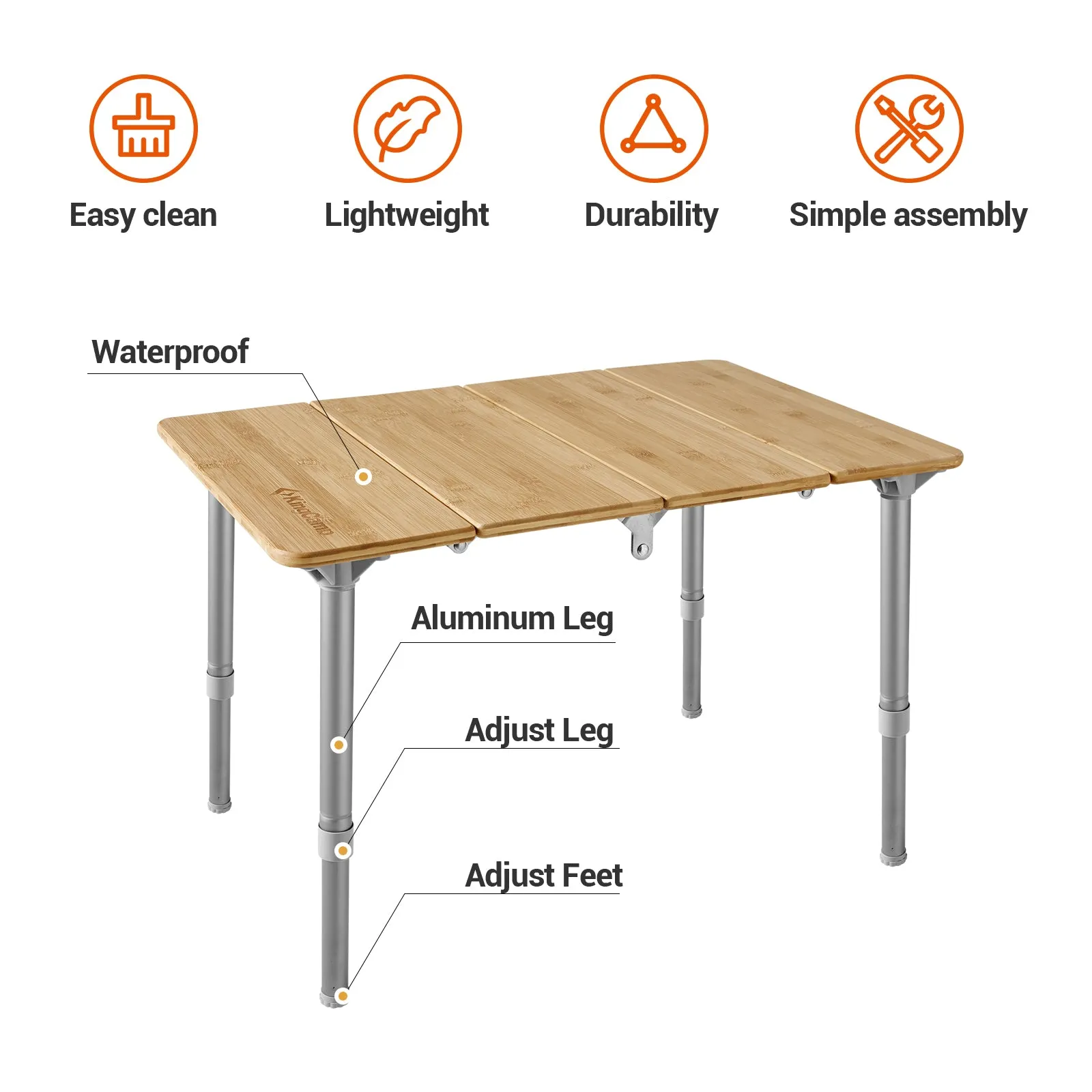 KingCamp Small Adjustable Height 4-Folds Portable Bamboo Table