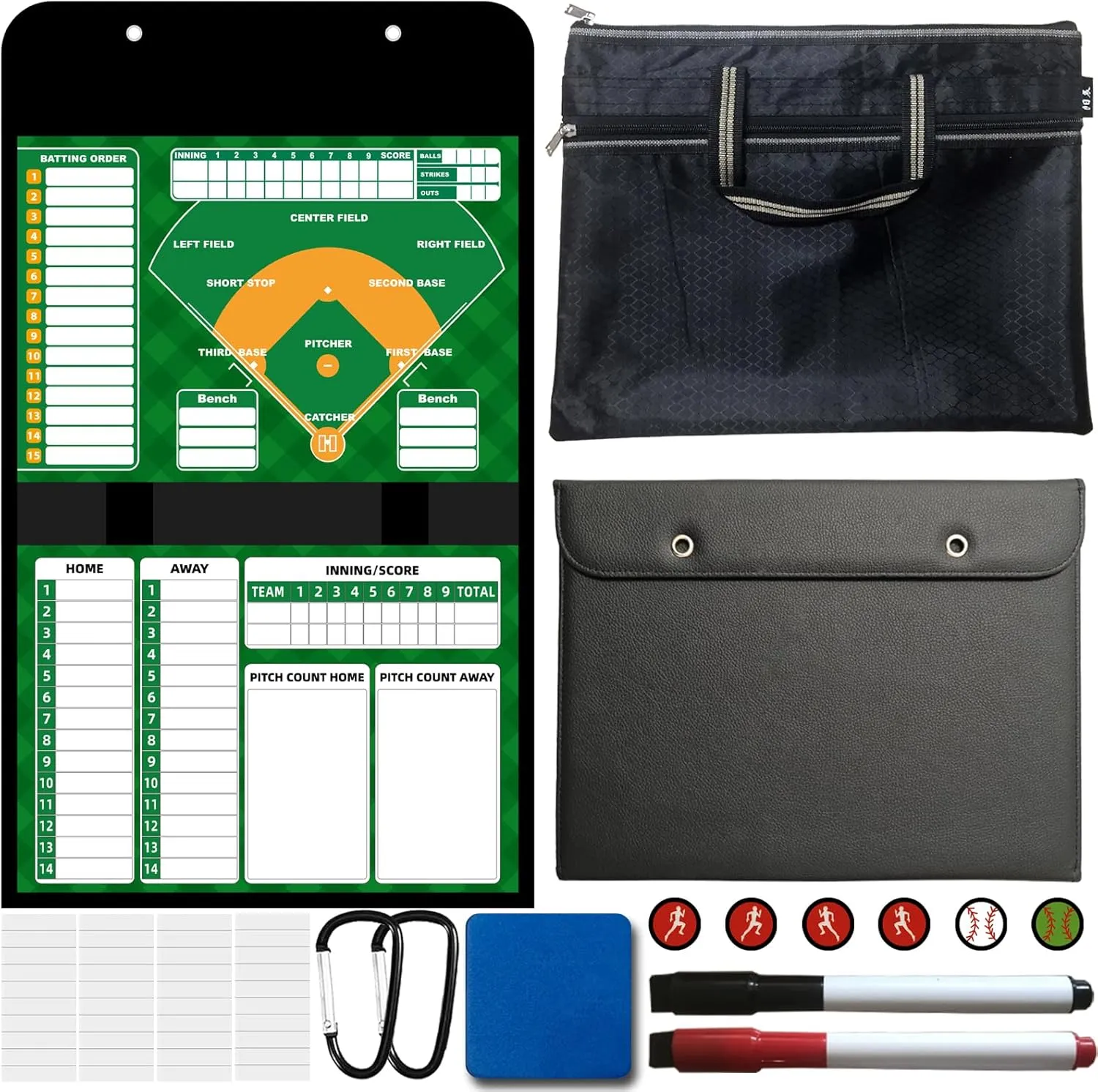 Magnetic Baseball Lineup Board for Dugout, Collapsible Softball & Baseball Clipboard for Coaches | Includes 60 Magnets, Markers, Eraser & Water-Resistant Carrying Bag for Coaches, Players, Teams
