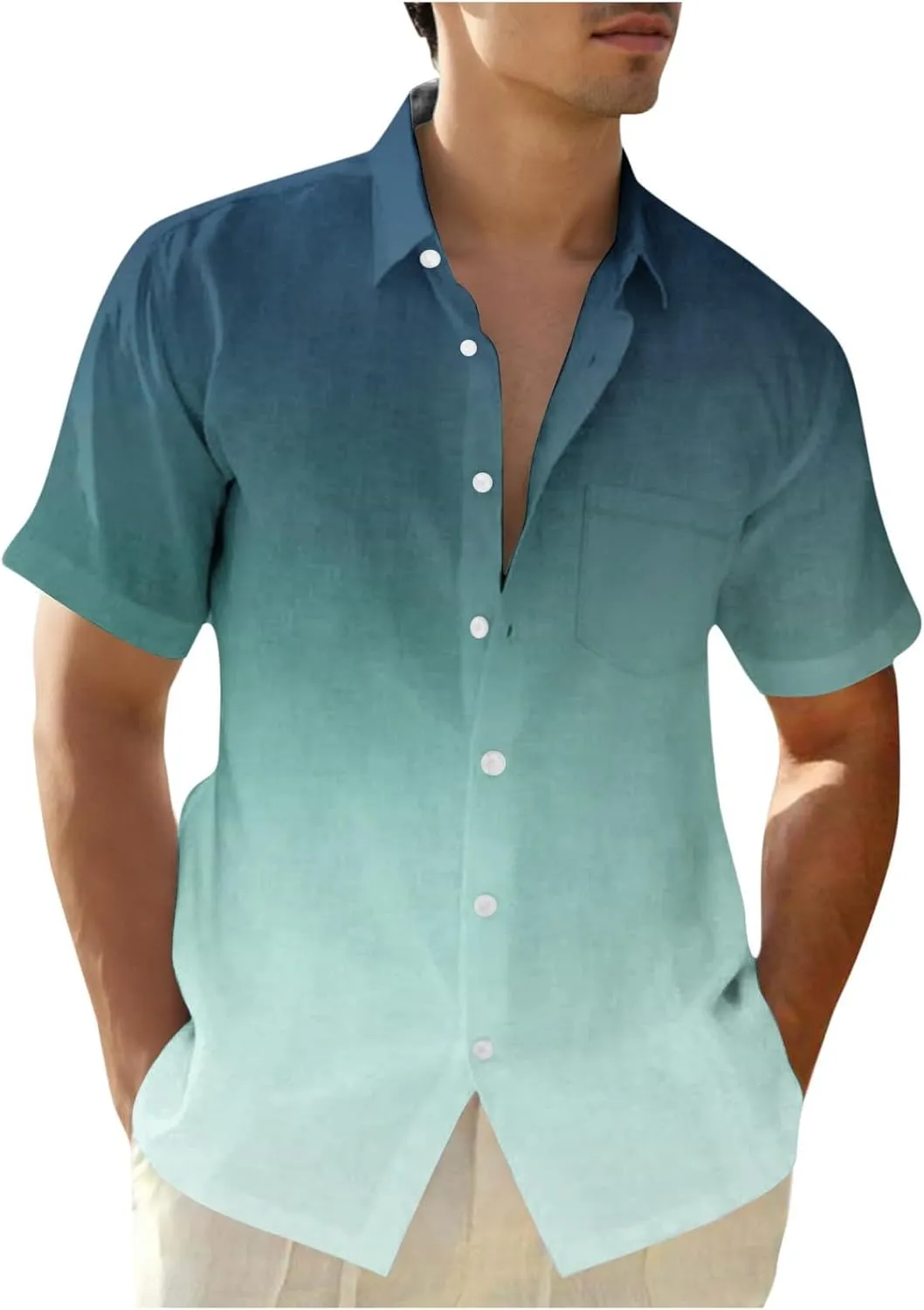 Men Summer Loose Shirts Casual Lapel Gradient T-shirts Short Sleeve Button Shirt Hawaiian Beach Tops for Men's