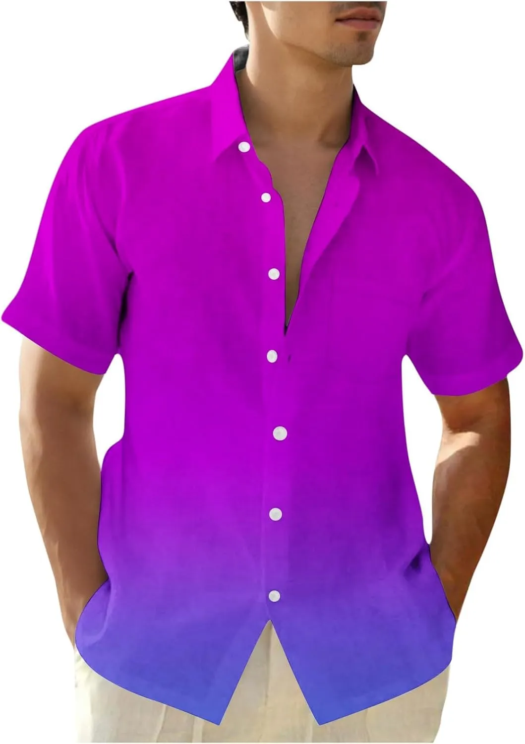 Men Summer Loose Shirts Casual Lapel Gradient T-shirts Short Sleeve Button Shirt Hawaiian Beach Tops for Men's