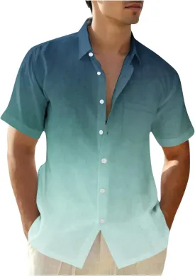 Men Summer Loose Shirts Casual Lapel Gradient T-shirts Short Sleeve Button Shirt Hawaiian Beach Tops for Men's