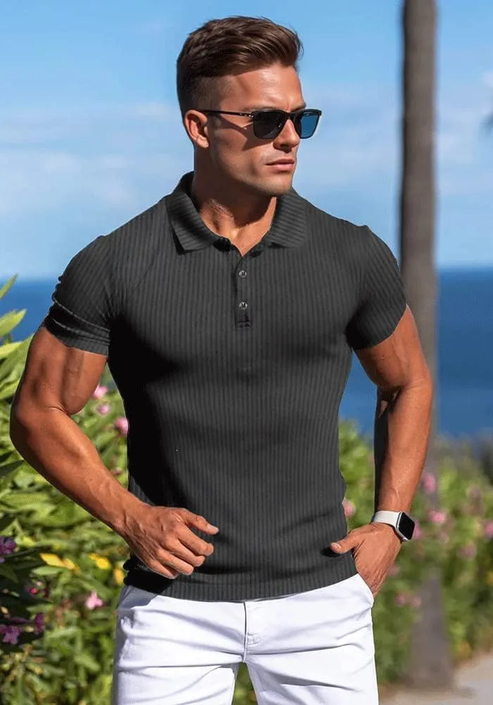 Men's Muscle Slim Fit Polo Shirts Long&Short Sleeve Stretch T-Shirts Casual Stylish Tee for Golf Workout