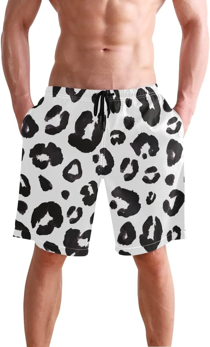 Mens Swim Trunks Leopard Beach Board Shorts Quick Dry Swim Shorts with Pockets