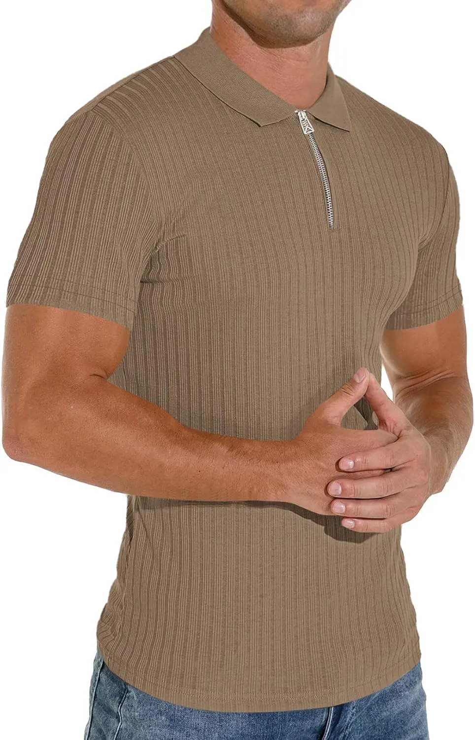 Men's Zip Polo Shirts Short Sleeve Slim Fit Ribbed Muscle Shirt Fashion Golf Tees