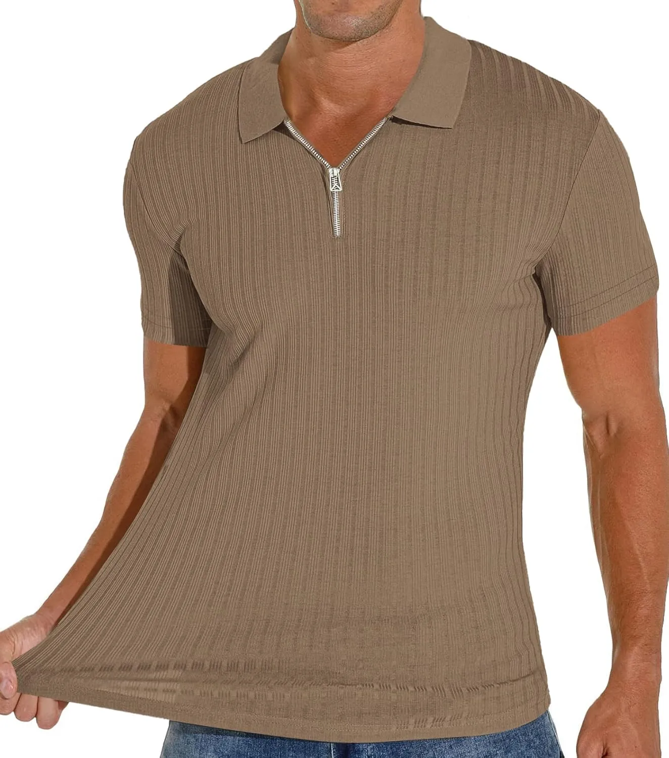 Men's Zip Polo Shirts Short Sleeve Slim Fit Ribbed Muscle Shirt Fashion Golf Tees