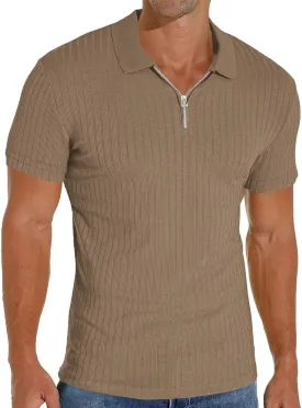 Men's Zip Polo Shirts Short Sleeve Slim Fit Ribbed Muscle Shirt Fashion Golf Tees