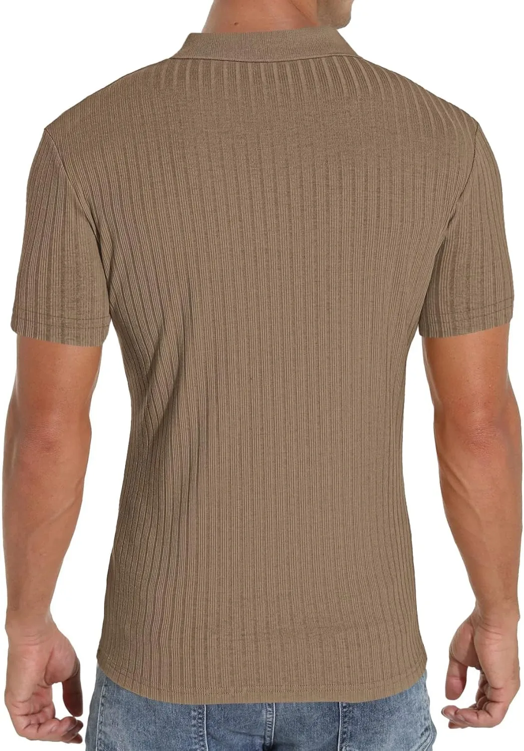 Men's Zip Polo Shirts Short Sleeve Slim Fit Ribbed Muscle Shirt Fashion Golf Tees