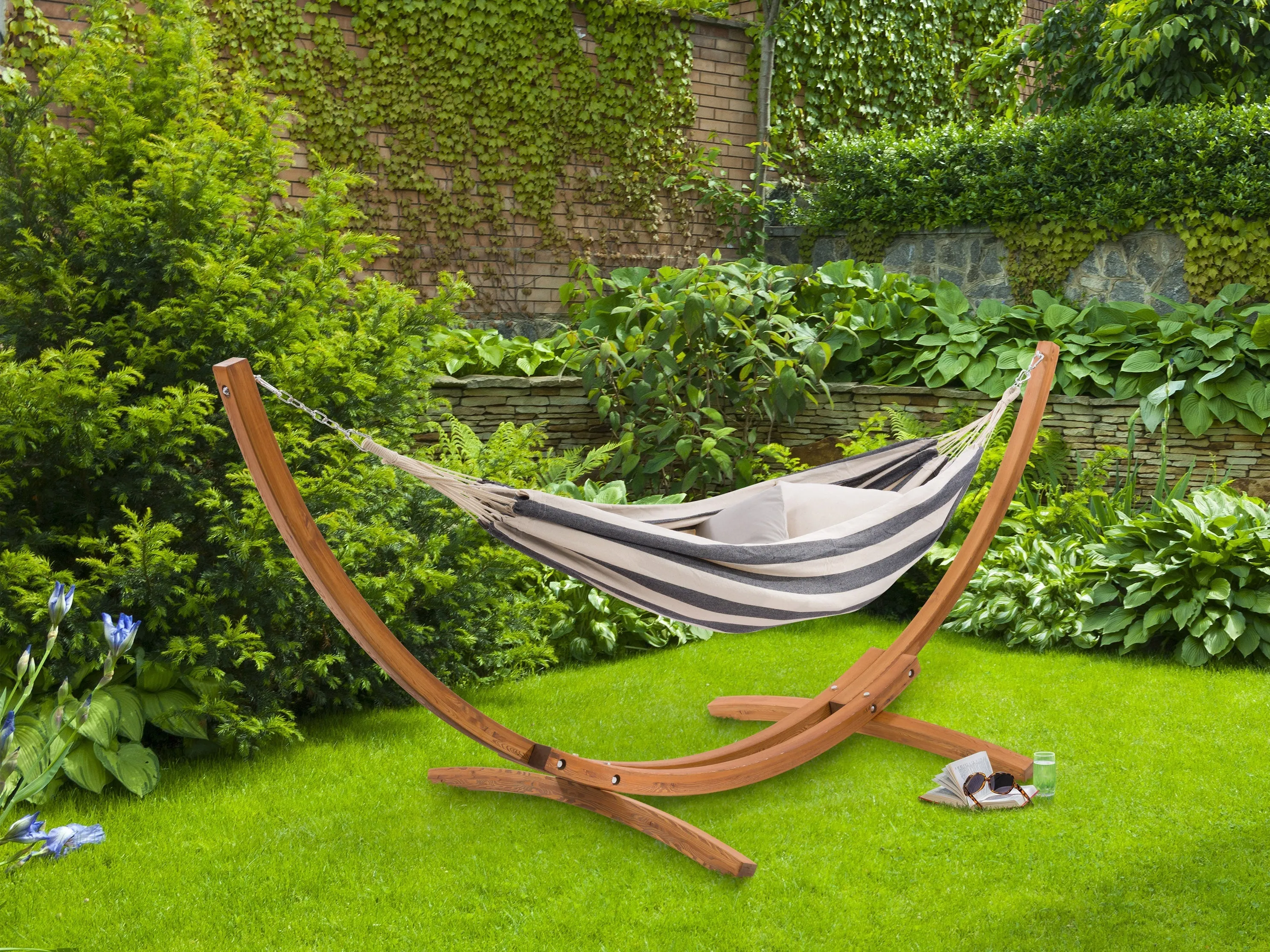 Navy Blue and White Hammock with Wood Stand