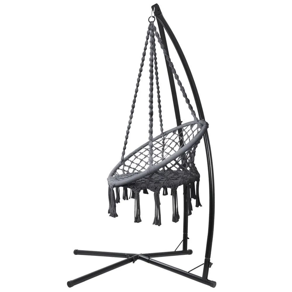Outdoor Hammock Chair with Steel Stand Cotton Swing Hanging 124CM Grey