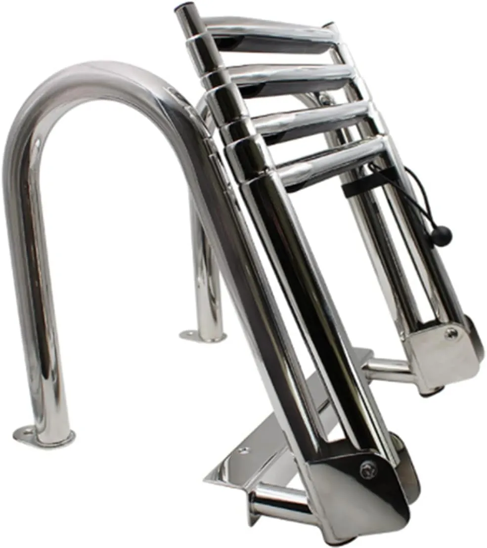 Pontoon Boat Ladder Foldable Stainless Steel 4 Step Ladder Marine Pontoon Ladder, Heavy Duty Swim Deck Ladder with Wider Pedals & Hand Railings