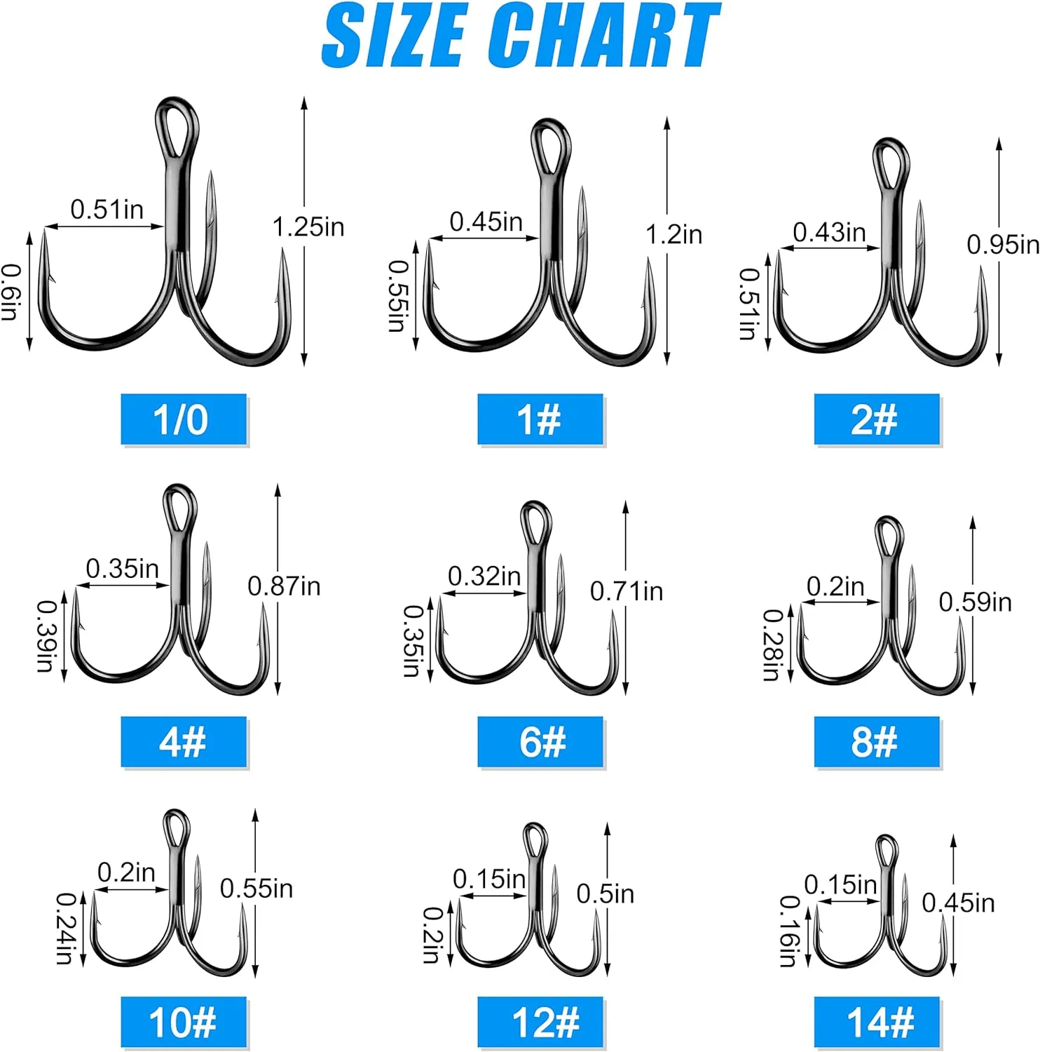 Shaddock Fishing Treble Hooks, Round Bend Short Shank Treble Hooks, High Carbon Steel, Wide Gap for Lures, Baits, Stripe, Trout, Bass, Salmon, Panfish 100/200PCS