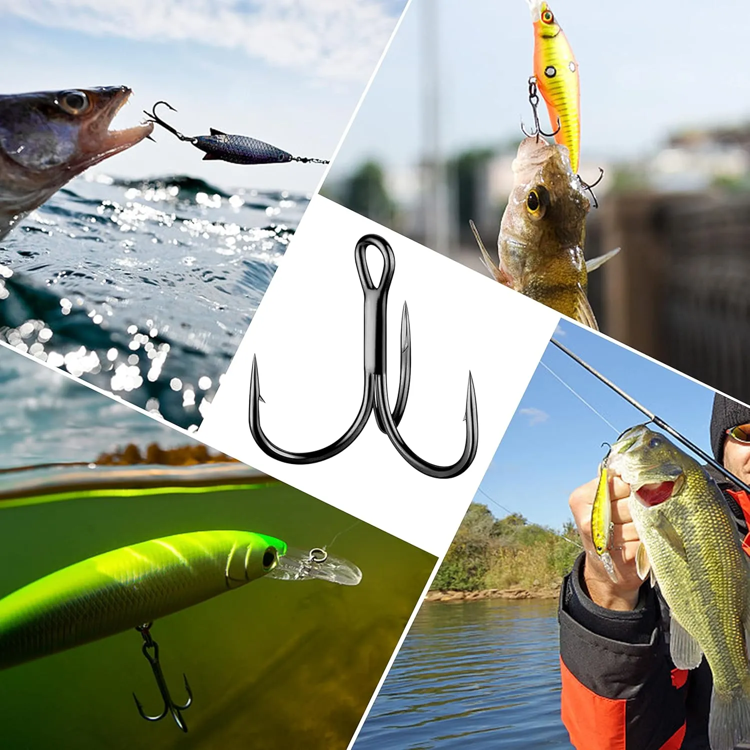 Shaddock Fishing Treble Hooks, Round Bend Short Shank Treble Hooks, High Carbon Steel, Wide Gap for Lures, Baits, Stripe, Trout, Bass, Salmon, Panfish 100/200PCS