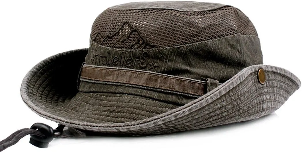 Sun Hat for Men, Cotton Embroidery Summer Outdoor Sun Protection Wide Brim Bucket Hat Foldable Safari Boonie Hat