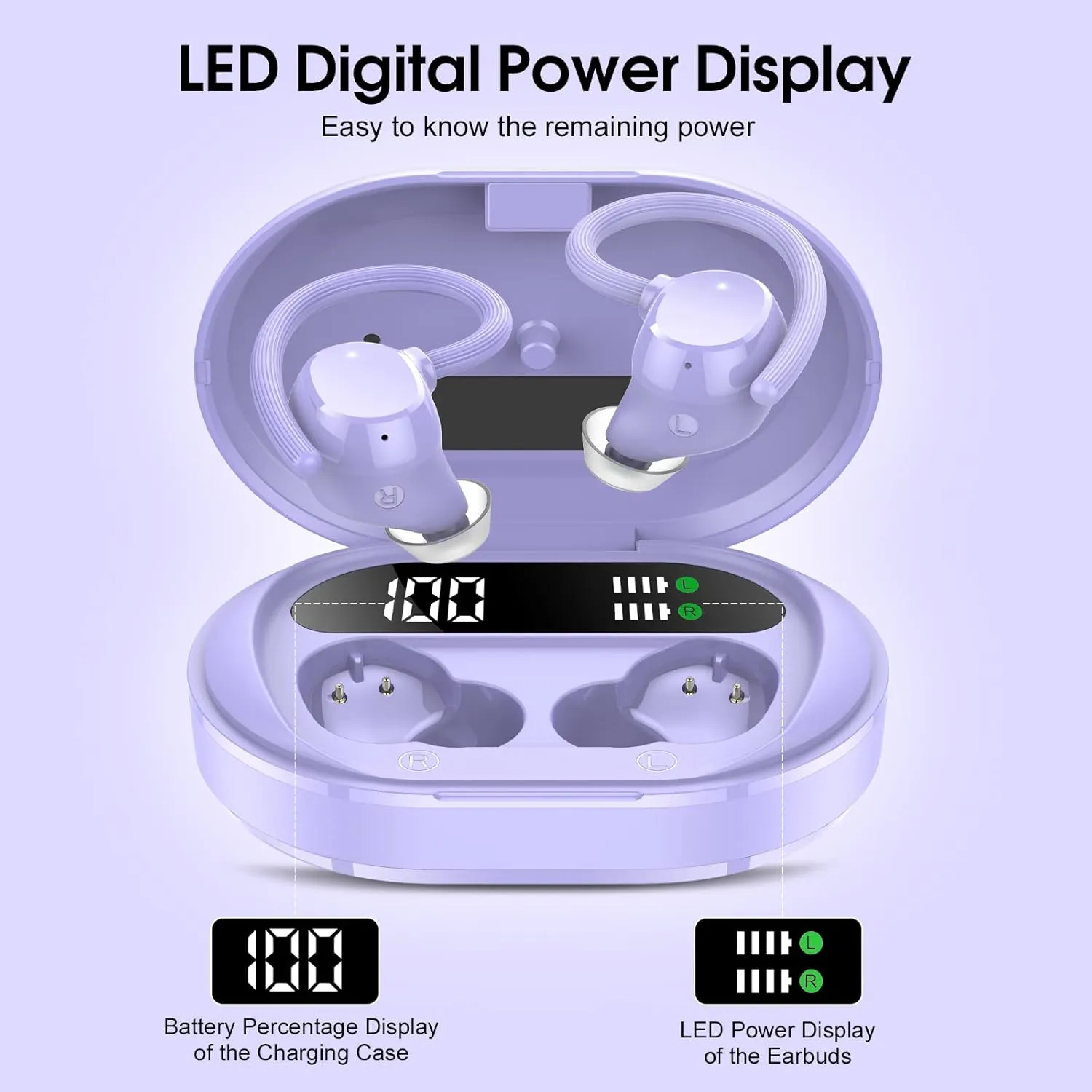 Wireless Earbuds, 2023 New Ultralight Sport Bluetooth 5.3 Headphones In Ear with LED Display, Built-in Mic Earphones, IPX7 Waterproof Wireless Headphones with Earhooks for Gym Workout (Purple)