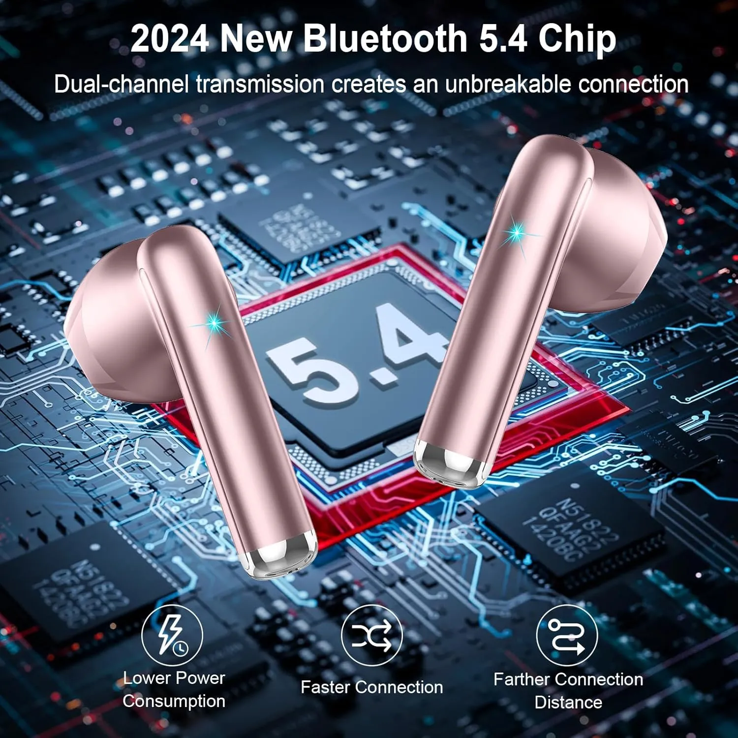 Wireless Earbuds, Bluetooth Headphones 5.4 with ENC Noise Cancelling Mics, 30H Bluetooth Ear buds Bass with Dual LED Display Charging Case, IP7 Waterproof Wireless Earphones for Android/iOS, Rosegold