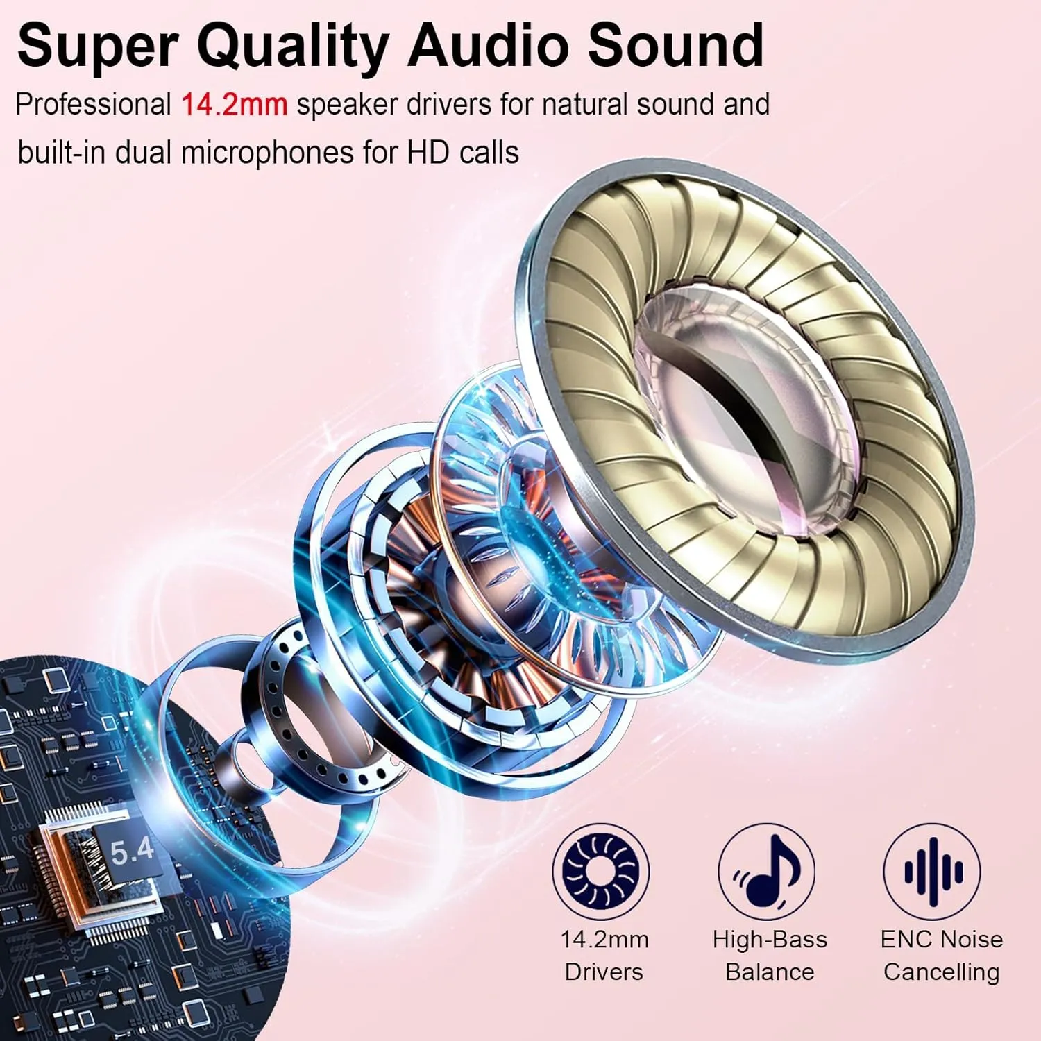 Wireless Earbuds, Bluetooth Headphones 5.4 with ENC Noise Cancelling Mics, 30H Bluetooth Ear buds Bass with Dual LED Display Charging Case, IP7 Waterproof Wireless Earphones for Android/iOS, Rosegold
