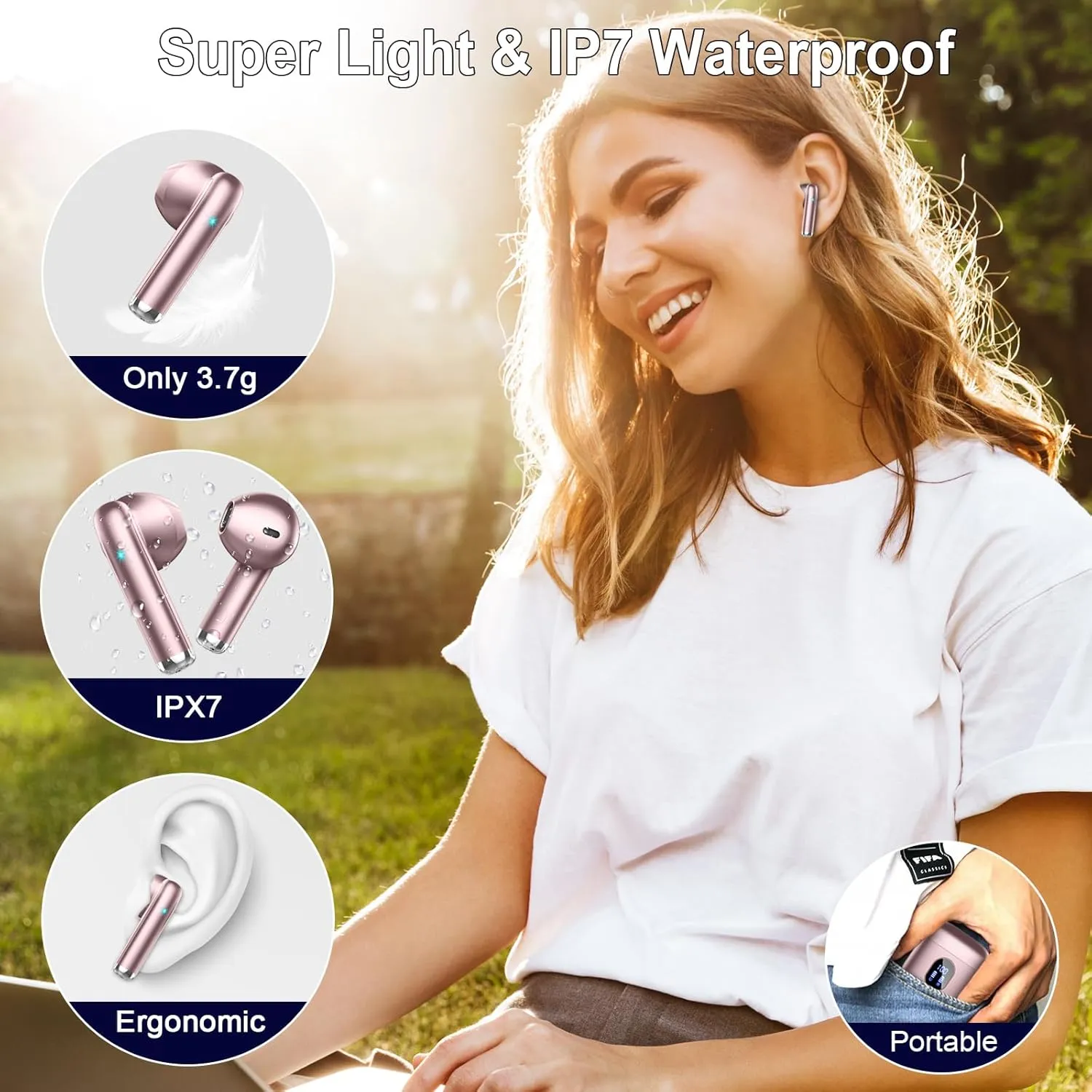 Wireless Earbuds, Bluetooth Headphones 5.4 with ENC Noise Cancelling Mics, 30H Bluetooth Ear buds Bass with Dual LED Display Charging Case, IP7 Waterproof Wireless Earphones for Android/iOS, Rosegold