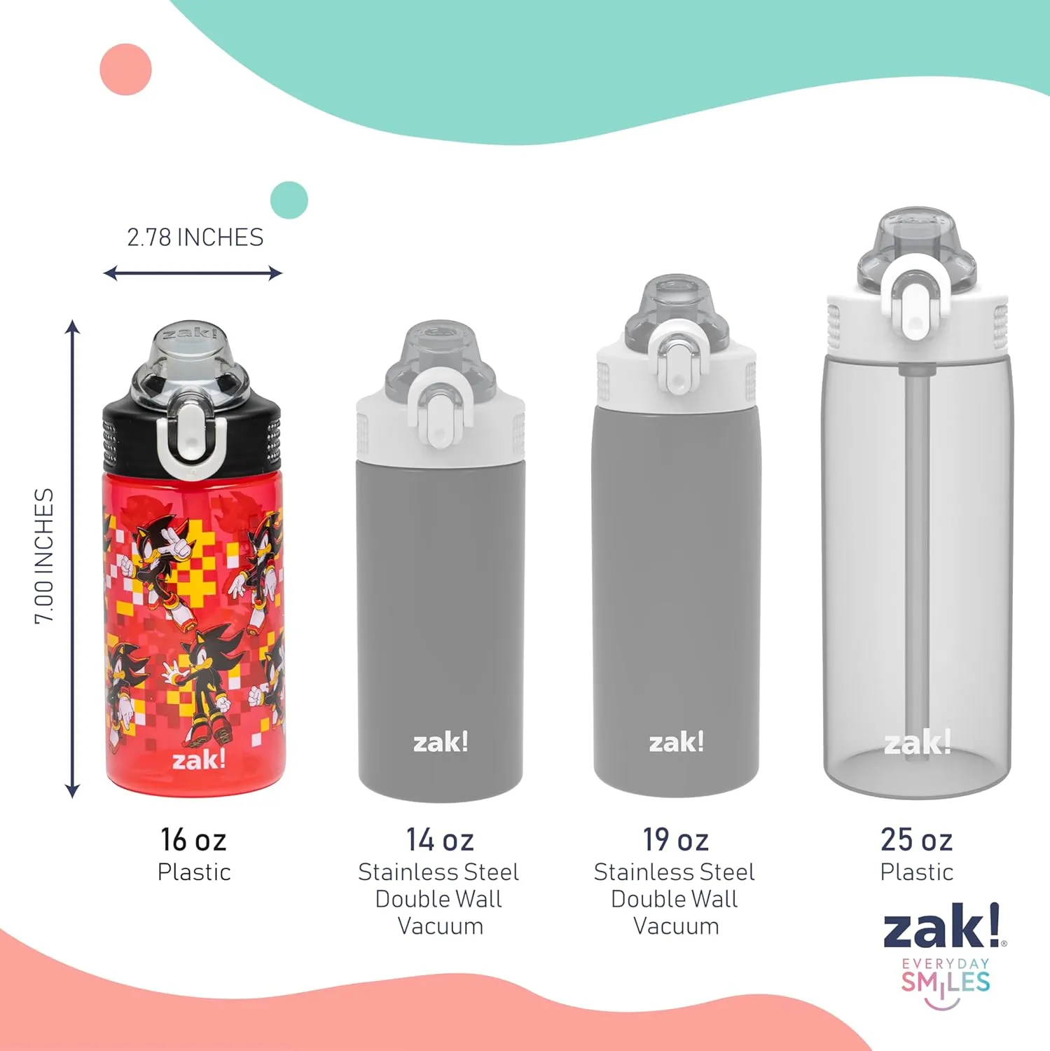Zak Designs Sonic the Hedgehog Sage Kids Water Bottle For School or Travel, 16oz Durable Plastic Water Bottle With Straw, Handle, and Leak-Proof, Pop-Up Spout Cover, 2-Pack Set (Sonic & Shadow)